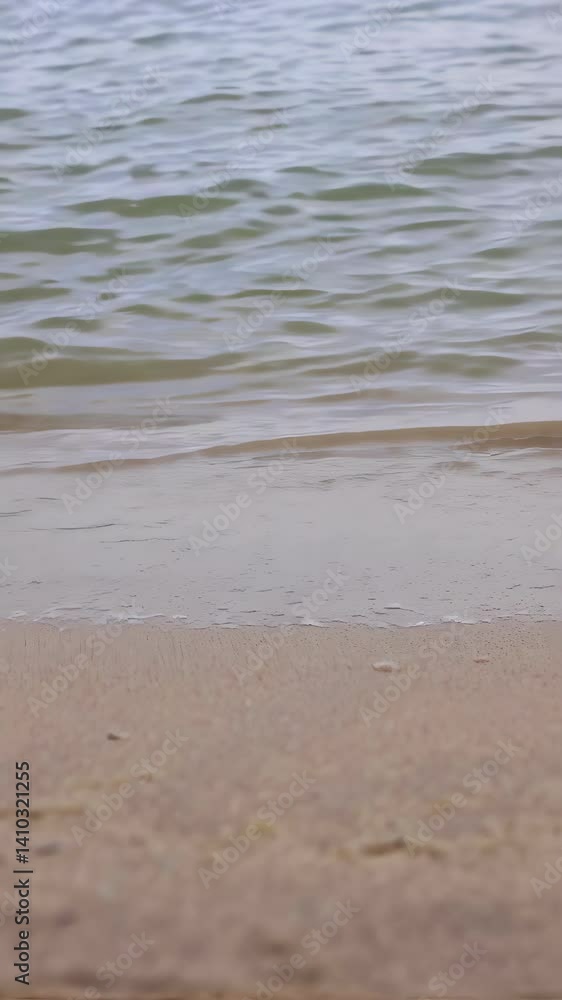 Overhead cinematic view of gentle ocean waves softly washing over smooth shoreline sand. The slow, rhythmic motion of the water creates a calming, meditative effect. Dreamy pastel lighting. Overhead cinematic view of gentle ocean waves softly washing over smooth shoreline sand. The slow, rhythmic motion of the water creates a calming, meditative effect. Dreamy pastel lighting.
