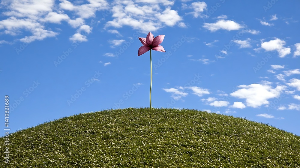Lone pink flower atop green hill against blue sky evokes natural beauty Lone pink flower atop green hill against blue sky evokes natural beauty