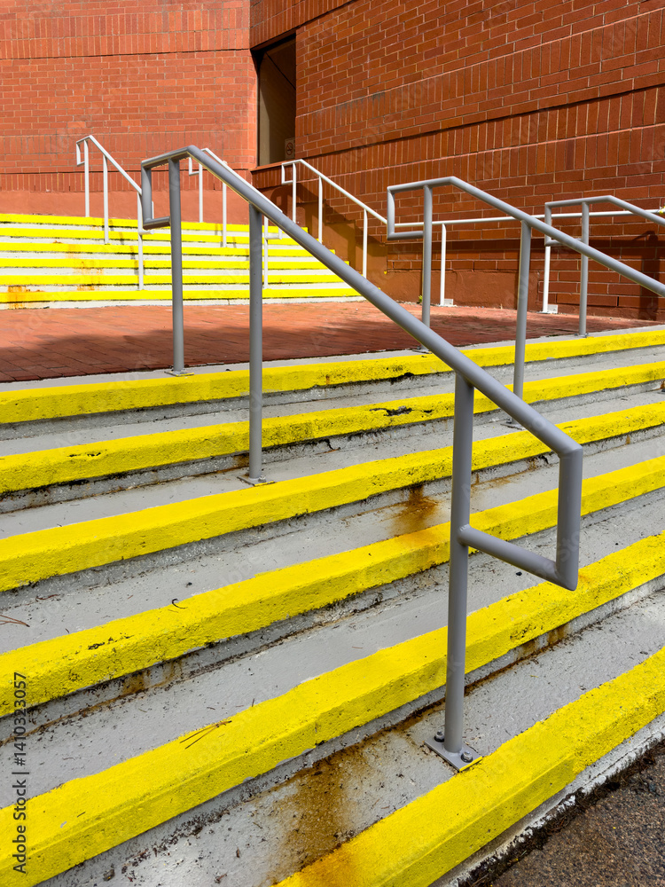 The outside entrance to a large red brick building with multiple concrete steps. The wide stairs have yellow paint on the edge of each step. There are galvanized metal handrails in the middle. The outside entrance to a large red brick building with multiple concrete steps. The wide stairs have yellow paint on the edge of each step. There are galvanized metal handrails in the middle.