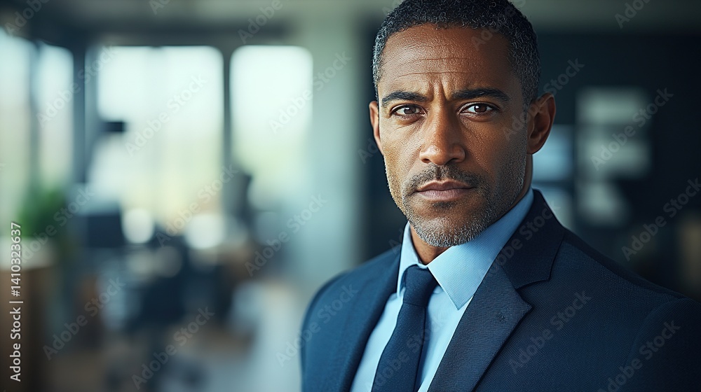 Confident African American businessman in suit, soft light, blurred office background, exuding professionalism and determination. Confident African American businessman in suit, soft light, blurred office background, exuding professionalism and determination.