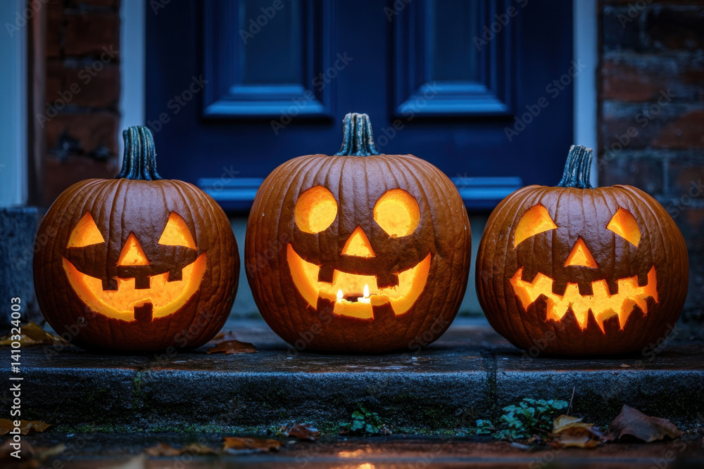 Fototapeta premium Three carved pumpkins on a doorstep with flickering candles inside, casting eerie shadows on the stairs.