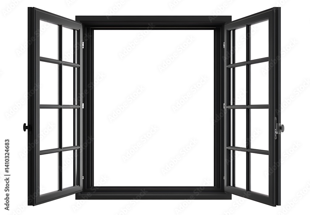 Black Window Frame with Open Panes and Clear View to Outside Space Black Window Frame with Open Panes and Clear View to Outside Space