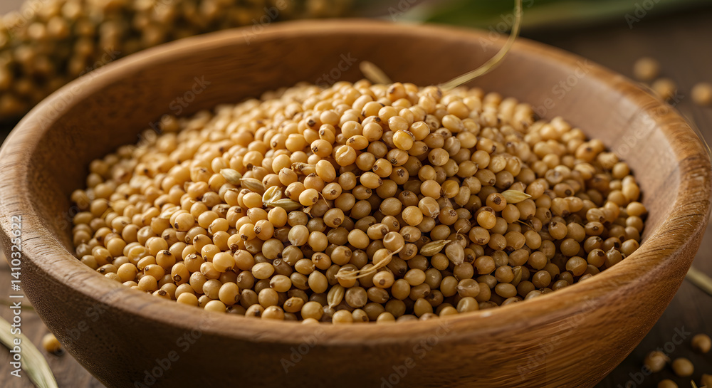 Rustic Bowl Full Of Sorghum Grain Close Up View In Natural Light Rustic Bowl Full Of Sorghum Grain Close Up View In Natural Light