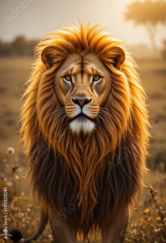 A majestic lion with a flowing, golden mane stands proudly in a lush green savanna, its intense gaze scanning the horizon, surrounded by tall grass swaying gently in the breeze.