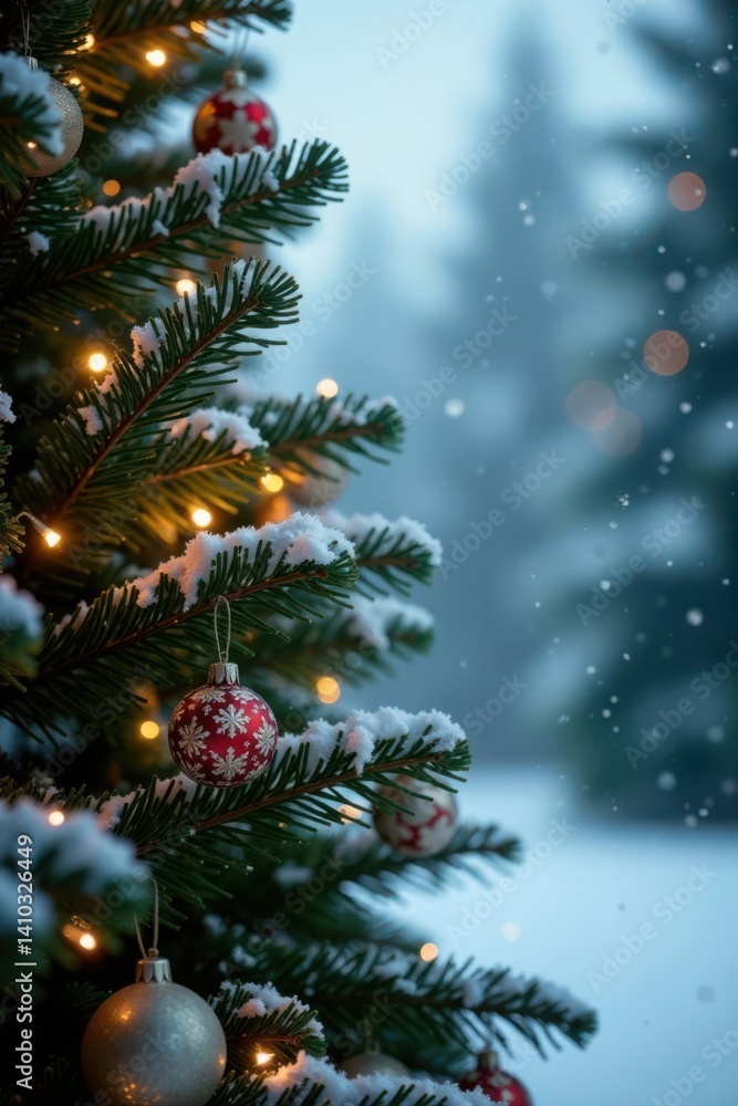 Snowflakes falling gently on Christmas tree, snow, winter Snowflakes falling gently on Christmas tree, snow, winter