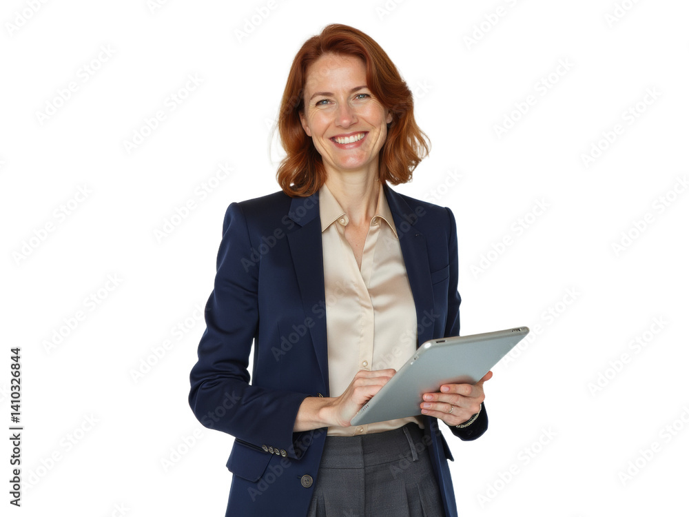 Business portrait isolated on white transparent background: A confident businesswoman with auburn hair smiles warmly while holding a tablet and wearing a navy blazer over a silk blouse and gray trou Business portrait isolated on white transparent background: A confident businesswoman with auburn hair smiles warmly while holding a tablet and wearing a navy blazer over a silk blouse and gray trou