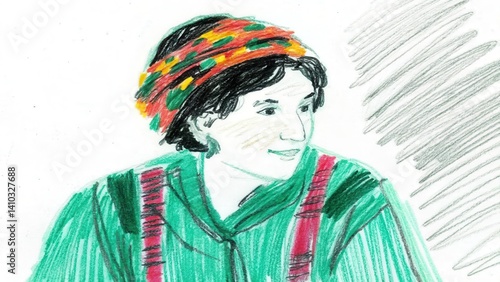 Colorful-Headbanded Person Smiling in a Vibrant Sketch Style  