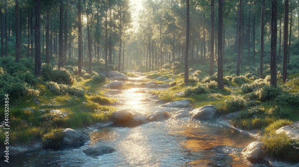 Obraz premium Forest path with water flowing through trees sunlight shines through the canopy.