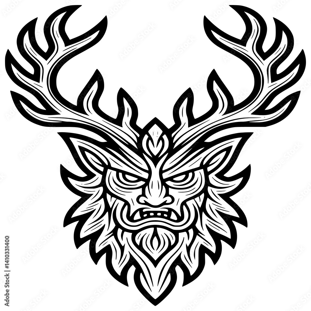 The Fierce Spirit: A stylized graphic depicting a fierce spirit with antler, perfect for evoking ancient mythology or modern graphic design. The Fierce Spirit: A stylized graphic depicting a fierce spirit with antler, perfect for evoking ancient mythology or modern graphic design.