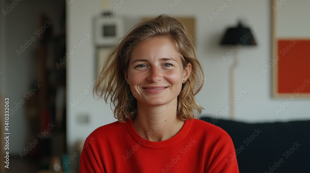 Portrait of smiling woman with fair skin and blonde hair wearing bright red sweater indoors Portrait of smiling woman with fair skin and blonde hair wearing bright red sweater indoors