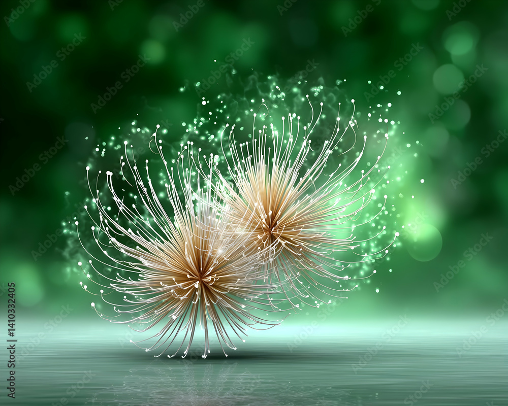 Obraz premium Two luminous, abstract floral forms with glowing filaments against a blurred green background