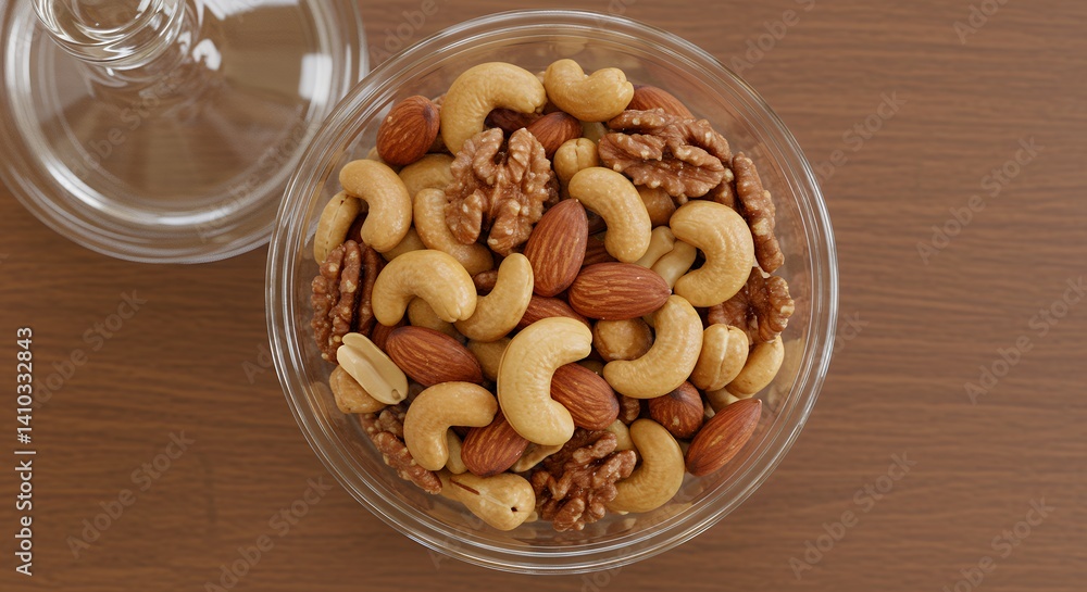 Mixed Nuts in a Glass Bowl Overhead Shot on Wooden Table Mixed Nuts in a Glass Bowl Overhead Shot on Wooden Table