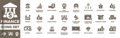 Finance icon set. bank, donation, investment, financial support, growth, budget, piggy bank, secure, coin, finding funds, money, fund, investor. Vector illustration. Easily changes and editable.