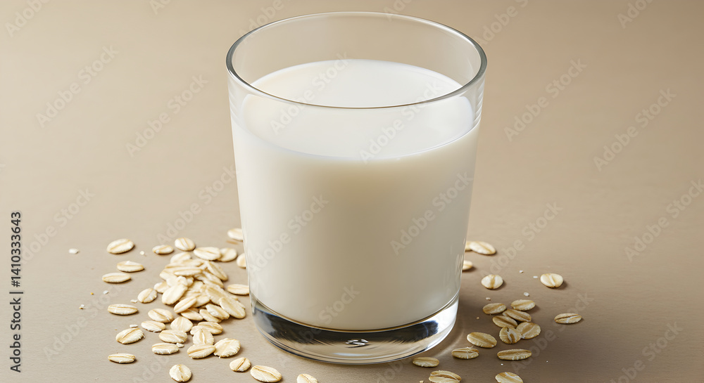 Glass Of Vegan Oat Milk Surrounded By Rolled Oats On Tan Surface Glass Of Vegan Oat Milk Surrounded By Rolled Oats On Tan Surface