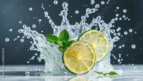 A vibrant splash of water surrounds fresh slices of lemon and sprigs of mint, creating a dynamic and refreshing scene. The bright citrus and crisp herbs are accentuated by the sparkling water droplets