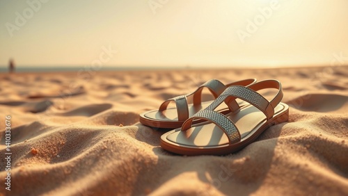 A pair of stylish, comfortable sandals rests on a sandy beach under warm, golden sunlight. The serene coastal setting and soft sand evoke a sense of relaxation and summer vacation.