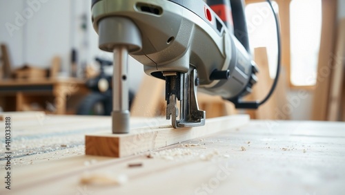 A jigsaw is actively cutting through a piece of wood, with sawdust flying around as it creates precise cuts. The scene captures the tool in action, highlighting its use in woodworking and DIY projects