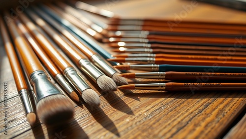 A collection of artist's paintbrushes with wooden handles and various brush sizes is neatly arranged on a wooden surface. The warm lighting highlights the intricate details of the brushes, emphasizing