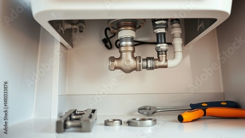 A close-up view of plumbing pipes and fittings connected to a water heater, with tools such as wrenches and pipe cutters placed nearby. The scene highlights the process of plumbing maintenance or inst