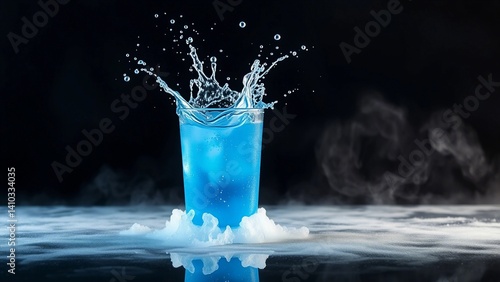 A vibrant blue liquid splashes dramatically from a glass, creating an eye-catching display of motion and energy against a dark background. The dynamic water droplets and reflections add depth and visu