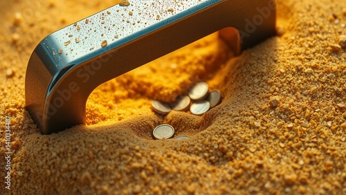A partially buried smartphone lies in the sand, with its screen displaying a few coins nestled inside. The scene suggests a mix of technology and nature, evoking themes of discovery or hidden treasure