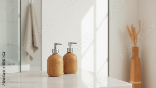 Two wooden soap dispensers with metallic pumps are placed on a clean, white bathroom countertop. The natural wood texture and minimalist design create a warm and inviting atmosphere in the bright, mod