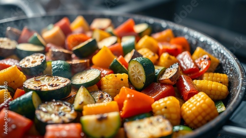 A vibrant assortment of roasted vegetables, including bell peppers, zucchini, corn, and more, is sizzling in a frying pan. The charred edges and rich colors highlight the freshness and flavor of these