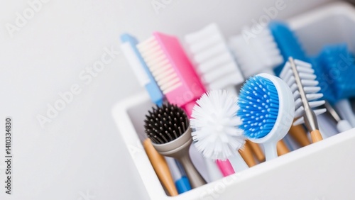 A collection of colorful brushes and cleaning tools is neatly organized in a white container. The assortment includes toothbrushes, scrub brushes, and other grooming or household items, emphasizing cl