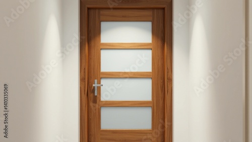 The image shows a modern, minimalist interior door with a warm wooden finish. The door features three horizontal panels of frosted glass, separated by thin wooden frames that match the overall design.
