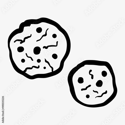 A hand-drawn doodle sketch of a cookie with chocolate chunks. A mouthwatering dessert illustration, perfect for use in bakery logos, food menus, branding, and creative sweet treat designs.