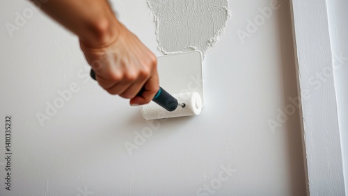 The image shows a person using a putty knife to smooth or remove plaster from a wall. The hand is holding the tool firmly, applying it to a section of the wall that appears to have been recently patch