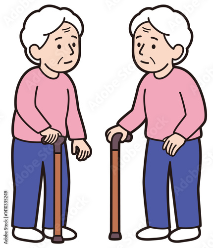 右手で杖をついている右利きのおばあさんの教材風ベクターイラスト右向き左向きセット(A set of educational-style vector illustrations of a right-handed elderly woman using a cane in her right hand, facing right and left)