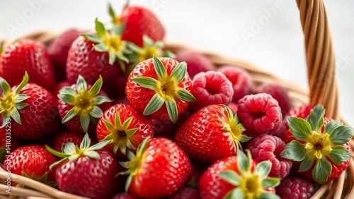 The image showcases a vibrant basket filled with fresh, ripe strawberries and raspberries. The strawberries are bright red with green leafy tops, while the raspberries are deep pink with small, textur