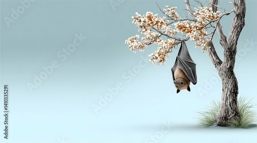 A bat hanging upside down from a snow-dusted branch of a tree against a light blue background