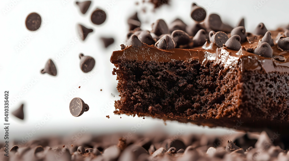 Chocolate Chip Brownie Slice in Mid-Air with Falling Chips