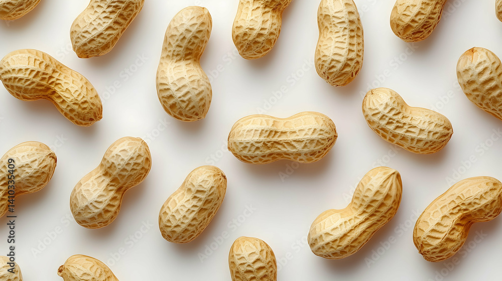 Scattered Peanuts in Shell on White Background