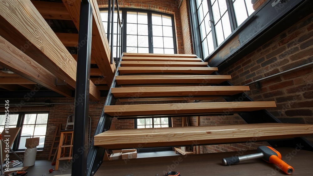 Fototapeta premium The image shows a modern, industrial-style staircase with wooden steps and black metal railings. The staircase leads upward to an open loft area with exposed wooden beams and large windows that allow