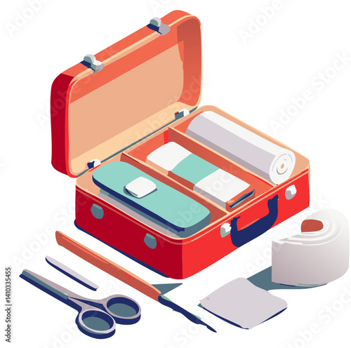 Open Red First Aid Kit with Medical Supplies – Isometric Emergency Box with Pills, Bandages, and Tools on White Background

