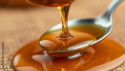 The image captures a close-up of golden honey being poured onto a spoon, creating a smooth, glossy stream. The honey pools on the spoon and drips onto a surface below, forming a rich, amber-colored pu