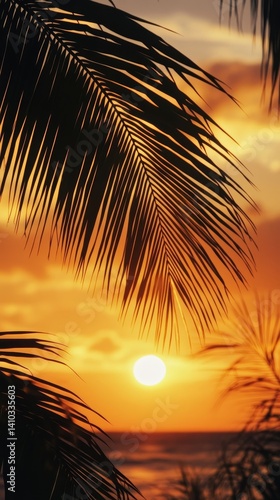 Tropical Paradise Sunset: Serene Beach and Palm Trees in Florida's Vibrant Evening Sky