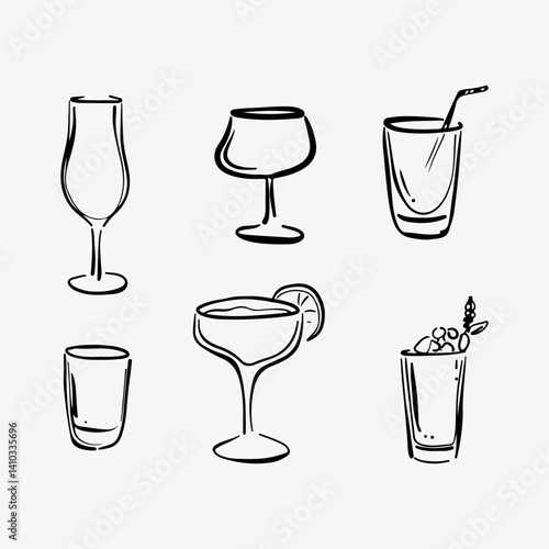 Hand-drawn doodle sketch set of six glasses for different cocktails, including martini, whiskey, gin, margarita, mojito, and rum. Perfect for bar menus, cocktail branding, and alcohol-related designs.
