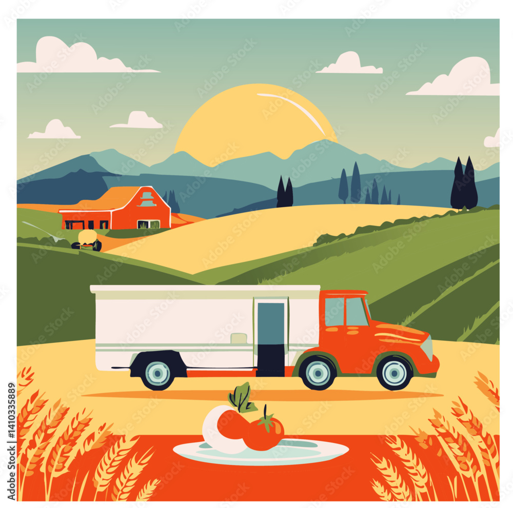 Obraz premium Farm to Table Concept with Delivery Truck, Sunset over Fields, and Fresh Produce in Rural Landscape