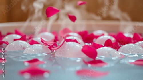 The image depicts a serene and luxurious spa-like setting. A bathtub filled with water is adorned with floating pink rose petals and bubbles, creating a relaxing and indulgent atmosphere. The soft lig