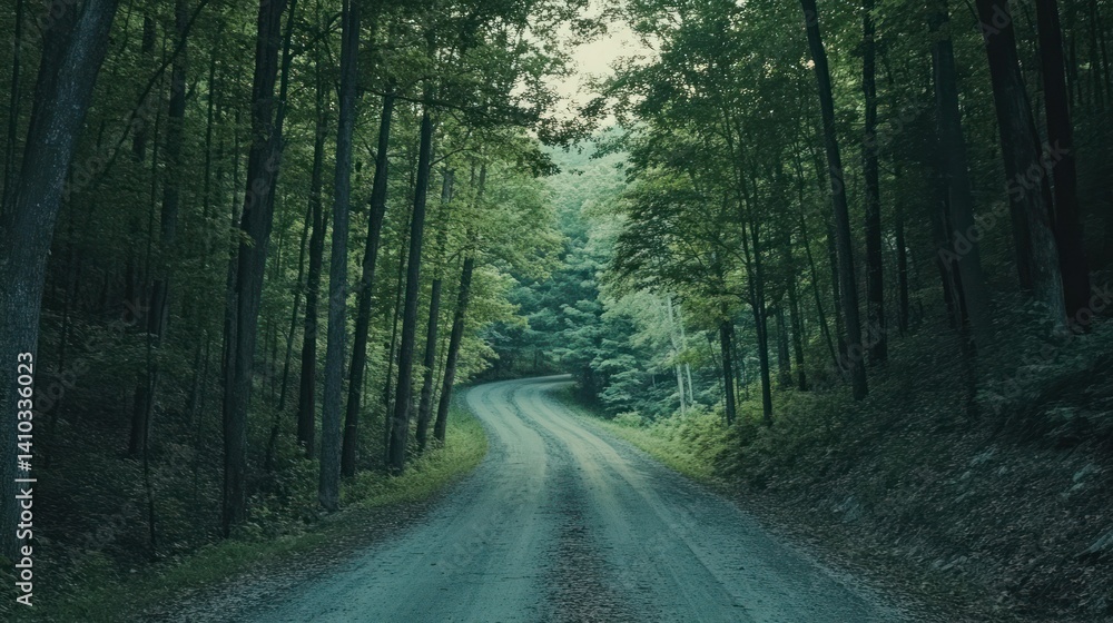 Obraz premium A Winding Forest Road Surrounded By Tall Green Trees