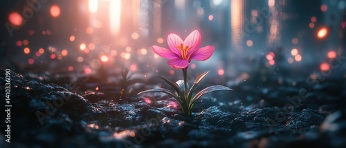 Single pink flower blooms in a dark forest with light shining through trees.