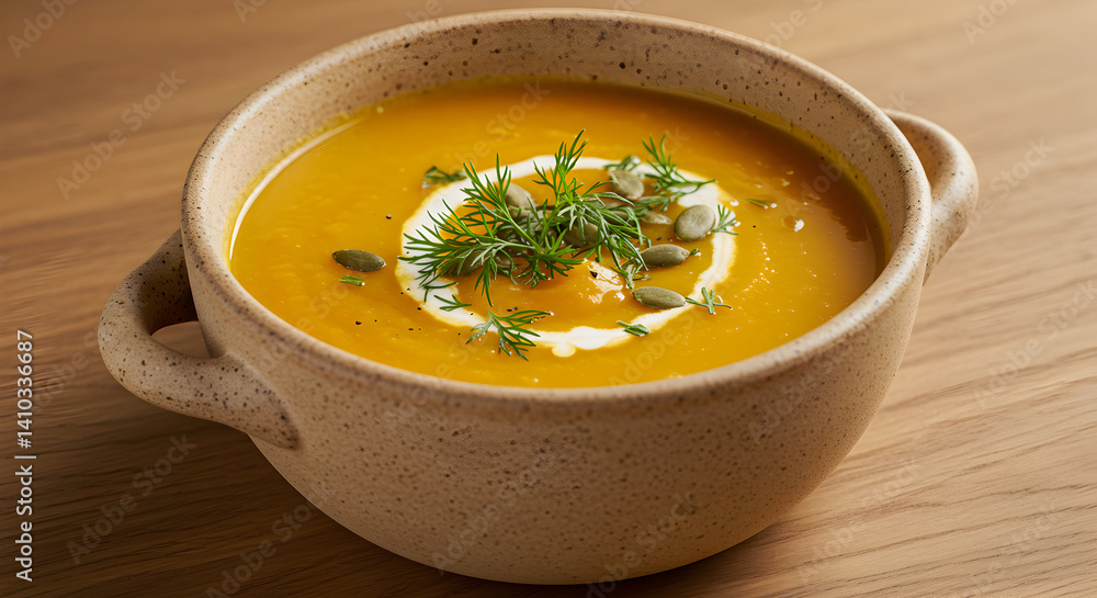 Creamy Pumpkin Soup Garnished with Dill and Seeds in Rustic Bowl