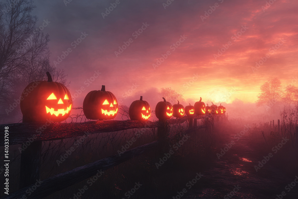 custom made wallpaper toronto digitalHalloween pumpkins arranged on a fence at sunset, casting eerie shadows.