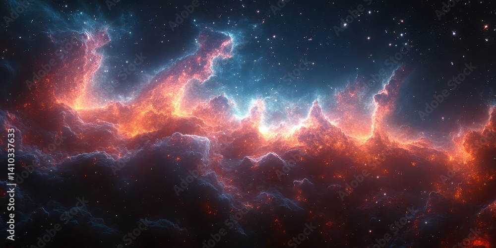 Fototapeta premium Stunning view of cosmic clouds illuminated by distant stars in a vibrant interstellar scene