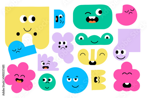 Colorful abstract shapes with cute cartoon faces showing various emotions. Fun and playful character set for kids' designs, stickers, and creative projects.