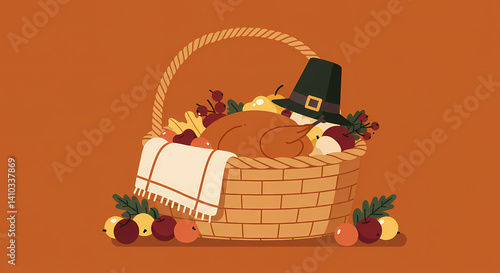 Thanksgiving Basket with Turkey and Fruits on Orange Background  